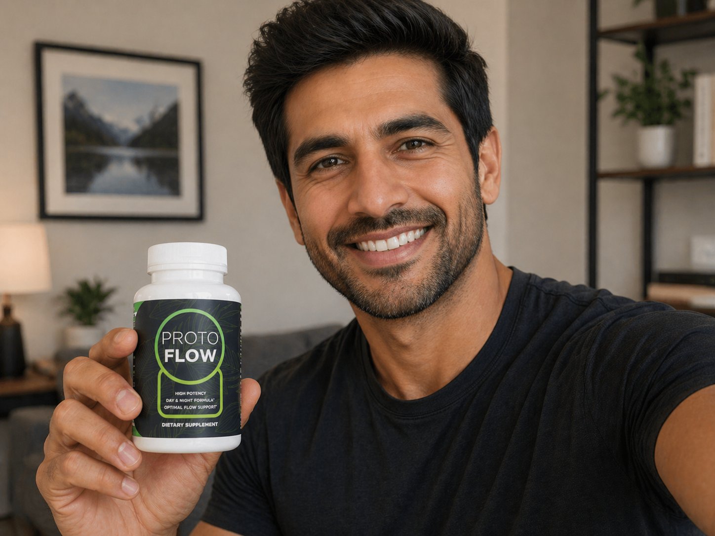 Protoflow verified customer man in 40s smiling holding supplement bottle after improved vitality results